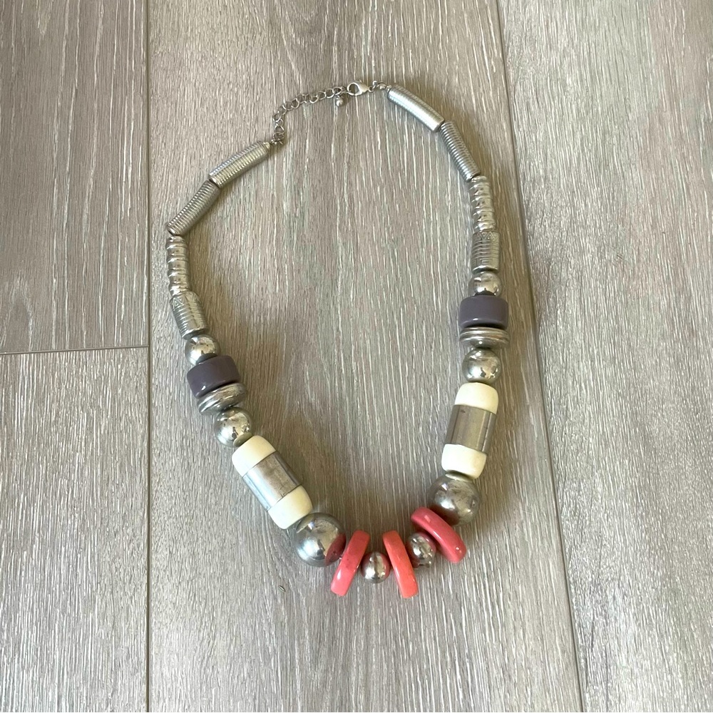 H&M Beaded Statement Necklace Silver and Pink